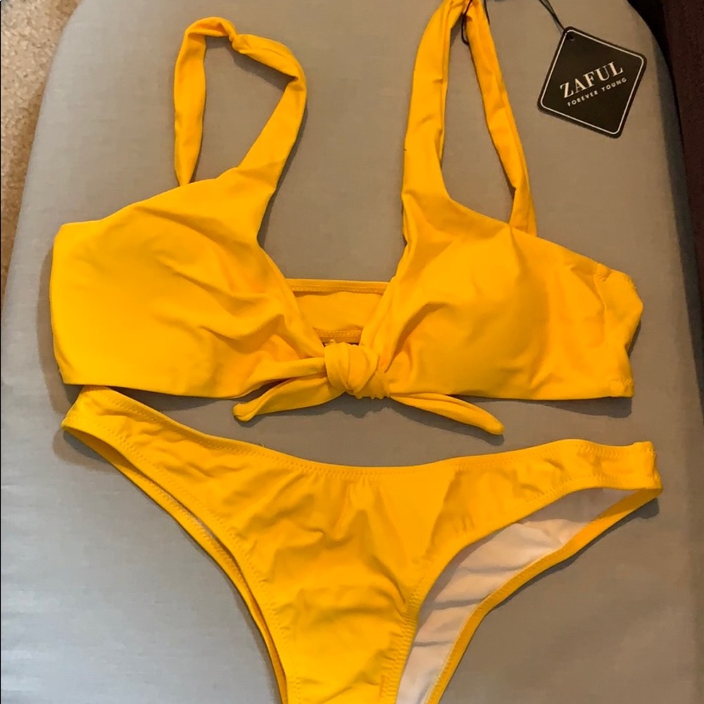 ZAFUL Plunge Front Knot Bikini Set - Yellow